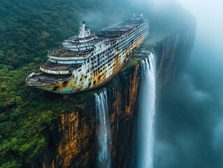 an old, abandoned ship with a rusted exterior, partially submerged in a river with large waterfalls in the background.