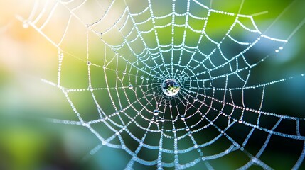 Mesmerizing macro shot of delicate dew drops glistening on the intricate strands of a spider web captured in the soft morning light