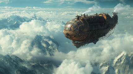 Wall Mural - a steampunk airship flies over a mountain range in a cloudy sky.