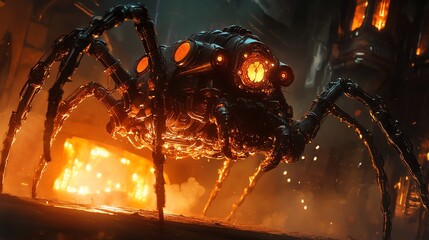 Wall Mural - a steampunk spider robot stands in a dark industrial setting with glowing lights.