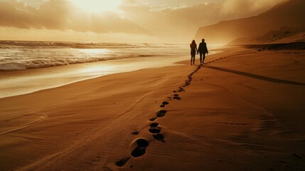 Sticker - A silhouette of a couple walking hand in hand along a deserted beach, their backs to the camera as they leave footprints in the sand, marking their journey together