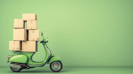 A bright green retro-style scooter loaded with multiple cardboard boxes, set against a soft