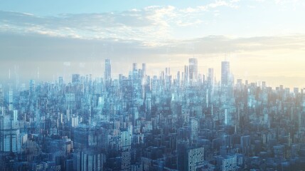 Leinwandbilder - Futuristic City Skyline with Glowing Digital Data Overlays