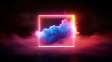 Poster - A glowing neon frame surrounds a colorful cloud amidst a dark, atmospheric backdrop.