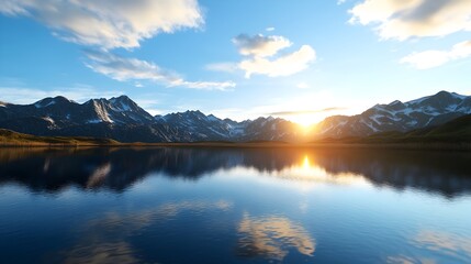 Breathtaking sunset over a tranquil mountain lake with serene reflections of the sky and landscape in the still waters  A peaceful idyllic scene of natural beauty and environmental harmony