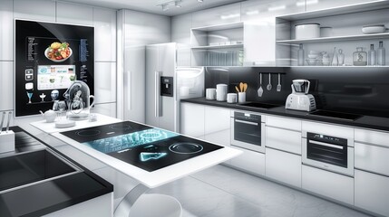 Fototapete - The kitchen showcases advanced appliances, including a smart fridge with grocery lists and a voice-activated oven for easy cooking. Generative AI