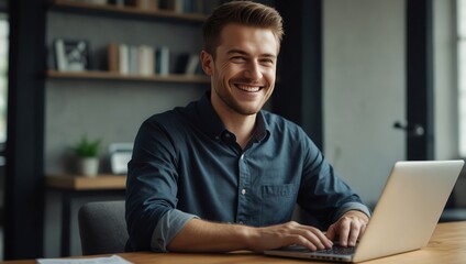 Smile, work and a businessman with a laptop for an email, communication or online coding. Happy, programming and a male programmer typing on a computer for web or software development in an office