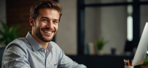 Smile, work and a businessman with a laptop for an email, communication or online coding. Happy, programming and a male programmer typing on a computer for web or software development in an office