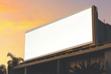 A blank billboard stands against vibrant sunset sky, surrounded by palm trees, creating striking contrast. This scene captures essence of urban advertising potential