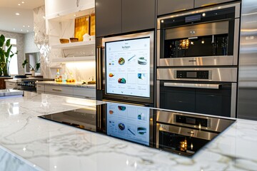 Aufkleber - The high-tech kitchen showcases a smart refrigerator and a voice-enabled oven, perfect for modern culinary experiences. Generative AI