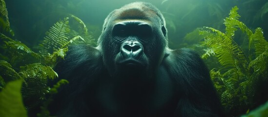 Wall Mural - A powerful gorilla stares intensely from the jungle, its fur blending with the surrounding foliage.