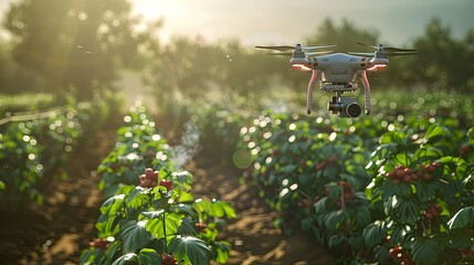 Aufkleber - Drones and sensors monitor crops while robots optimize farming practices on a high-tech agricultural site in broad daylight. Generative AI