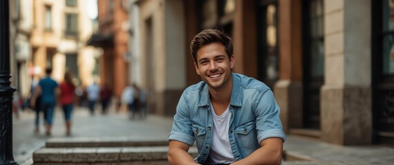 Wall Mural - Smiling young man in casuals sitting on street