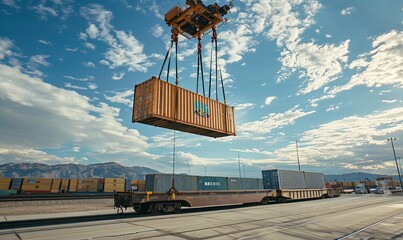 A shipping container is lowered from a train onto a truck trailer that is parked below by a sizable crane. Transport of the container will improve hub logistics operations, Generative AI.