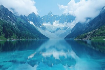 Majestic blue mountain lake with green trees