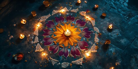 Poster - Aerial view of a rangoli made with colored powders and surrounded by diyas.