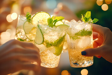 A group of friends toasting with cold mojito cocktails in hand. The drinks are garnished