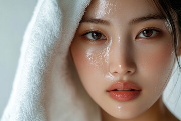 close up of woman with clean and healthy skin, showcasing fresh and radiant complexion. image captures her natural beauty and glowing skin, evoking sense of freshness and vitality