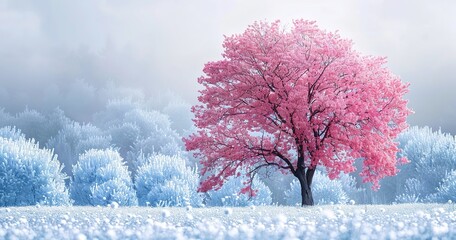 A white sky encircled by blue trees with a pink and blue tree, Generative AI.