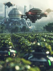 Aufkleber - High-tech drones and AI-driven robots monitor crops on an advanced farm, optimizing agricultural practices efficiently. Generative AI