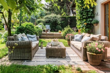 A patio with a table and chairs, surrounded by a garden, generative ai image