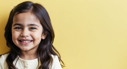 Wall Mural - Child Latina girl with delicate features and long dark hair happy light green background