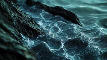 Poster - A close-up view of ocean waves crashing against rocky shorelines.