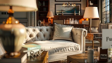 Poster - A beautifully arranged living room showcases luxurious furniture pieces and charming decor, all labeled with sale tags for shoppers. Generative AI