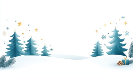 Wall Mural - A simple yet elegant watercolor Christmas card design featuring a snowy landscape with pine trees and stars, all rendered on a white background in a warm cartoon style