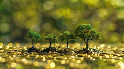 Small trees emerging from piles of gold coins set against a lush green background illustrating concepts of financial growth, investment, and money saving strategies