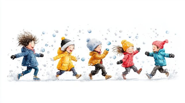 watercolor Christmas scene with softly falling snow, playful snowball fights, and children in festive clothes, set against a pure white background in a warm cartoon style