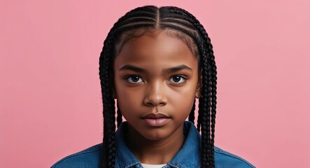 Wall Mural - Teen Black girl with sharp features and braided short hair focused light pink background