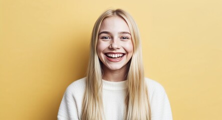 Wall Mural - Teen white girl with wide smile and long blonde hair happy warm yellow background