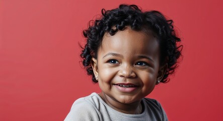 Toddler Black girl with small cheeks and curly short hair smirking soft red background