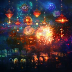 Canvas Print - Diwali background featuring a double exposure effect of colorful fireworks and traditional symbols.