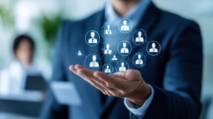 Poster - A business professional displaying digital user icons, symbolizing networking and collaboration.