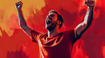 94. A man with an enthusiastic expression, cheering with raised fists, against a bright red backdrop.