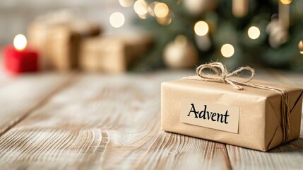 Wall Mural - Rustic Advent gift with twine on wooden table and blurred Christmas lights