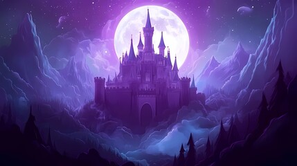 Wall Mural - Eerie witch castle illuminated by a full moon at night. Mystical and haunting scene. 