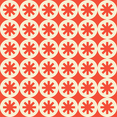 Aufkleber - Retro aesthetic monochrome seamless pattern in style 60s, 70s. Snowflakes and circles shapes. Geometric simple vector print. Red and beige colors
