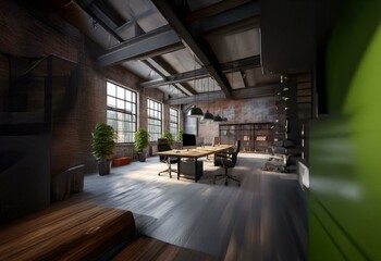 Aufkleber - Modern office with exposed brick walls, large windows, wooden desk, and plants.
