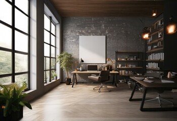 Poster - A modern office space with a large window, wooden desk, a bookshelf, a grey brick wall and a blank canvas.