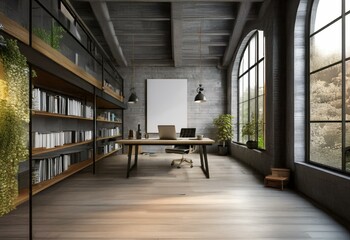 Poster - Modern office interior with a large window, wooden floor, and a desk with a laptop.