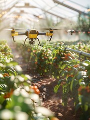 Aufkleber - Drones and sensors traverse a high-tech greenhouse, optimizing crop health and agricultural practices with advanced AI technology. Generative AI
