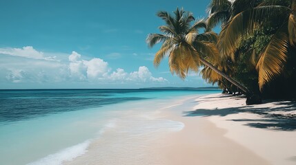 Wall Mural - Tropical beach with white sand, turquoise water, and palm trees.