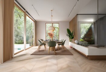 Poster - A modern dining room with a large wooden table and six chairs.  The room has a large window, a wooden floor, and a modern light fixture.