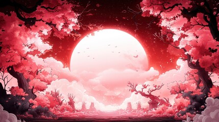 Poster - Ancient ruins of a temple silhouetted against a blood-red sky, with of mythical animals decorating the scene. The cartoonish rendering gives the historical site a playful tone
