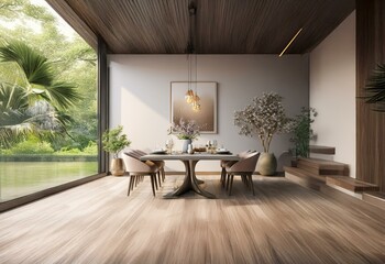 Poster - A modern dining room with a large window overlooking a lush garden.  Sunlight streams through the window, illuminating the wooden floor and the minimalist table setting.  The room is decorated with gr