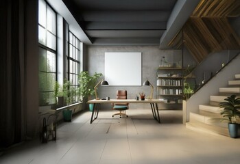 Poster - Modern home office with desk, chair, plants, large window, stairs, and a blank canvas.