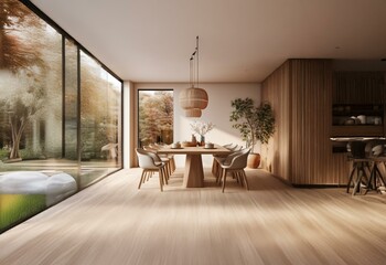 A modern dining room with large windows showcasing a garden view.  The space features a wooden table with chairs, hanging light fixtures, and a potted plant.